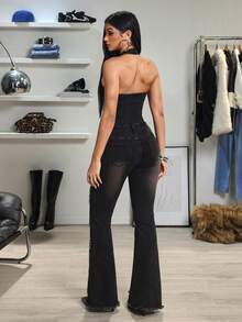 Jeanoix Y2K 时尚复古水洗毛边性感修身喇叭牛仔连体裤 - 黑色 - 查看 2