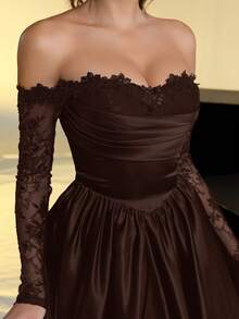 Lovelzi 优雅奢华黑色露肩薄纱蕾丝拼接缎面长裙，适合婚礼、派对、度假、舞会、短款正式礼服（装饰繁复）、情人节等场合。 - 咖啡棕 - 查看 6