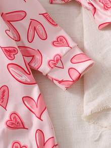 Newborn Baby Pajamas-2 Pieces Pajama Set Footed Sleeper Hearts Print Pink Red Round Neck Long Sleeve Snap Front With Matching Headband One Piece Pajamas Easy Diaper Changes Soft Stretch Year Round Holiday 2026 Must Have Gift - Baby Pink - View 6