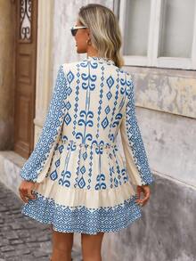 Brillora 女士几何印花灯笼袖荷叶边休闲迷你连衣裙，度假波西米亚风连衣裙，女士蓝白连衣裙，女士田园风连衣裙 - 藍色 - 查看 2