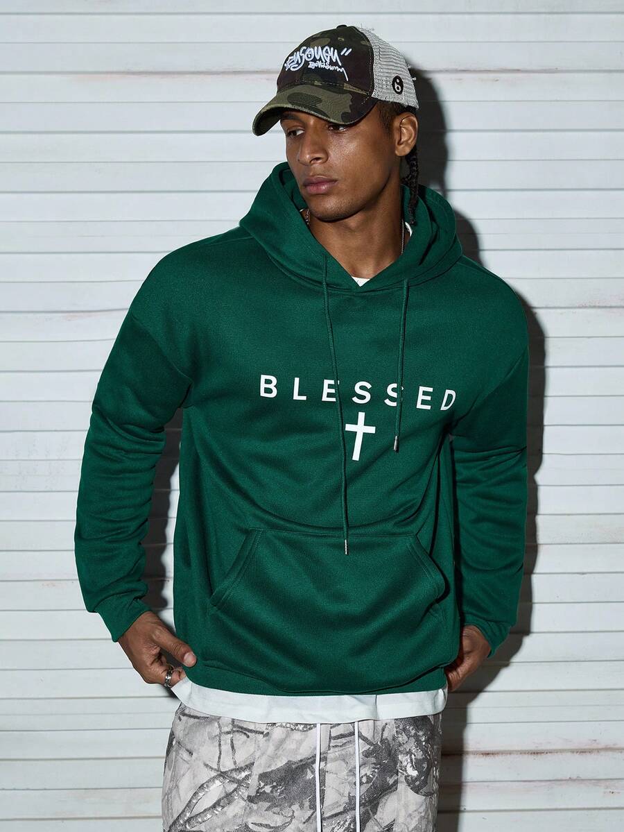 Modcrash 男士休闲简约标语印花保暖连帽卫衣，秋冬季，复古美式，男女通用，宽松版型夏季服装——适合日常穿着和夏季度假服装。 - 綠色 - 查看 1