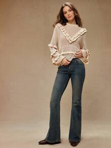 WESTFADE Suéter de punto con cuello de imitación de volantes, mangas largas con volantes, ajuste relajado, lazo en la espalda, suéter informal, otoño, invierno, casual, bohemio - Albaricoque - Ver 2