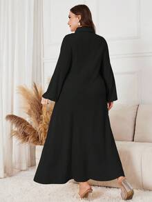 SHEIN Lacomfia 女士优雅休闲口袋半开襟领连衣裙 - 黑色 - 查看 2