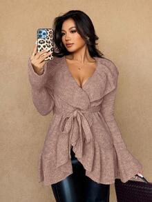 Islaluna Women's Basic Minimalist Elegant French Fashion Romantic Tie Front Cardigan - Dusty Pink - View 3