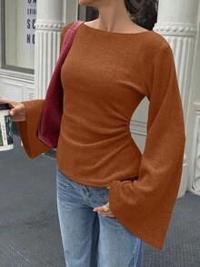 Elenzga 标准尺码女士宽松印花针织上衣，宽领口，落肩喇叭袖设计，秋冬季 - 亮橙色 - 查看 3