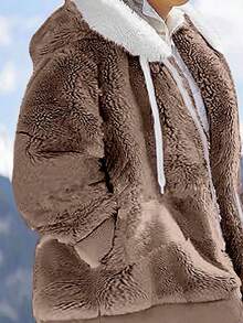 INAWLY 新款宽松毛绒拉链连帽大码女式夹克，秋冬季 - 卡其色 - 查看 3