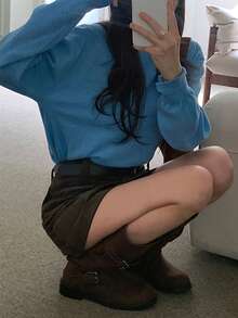 DAZY Merrald 咖啡色灯芯绒高腰A字裙，复古显瘦，秋冬款 - 棕色 - 查看 10