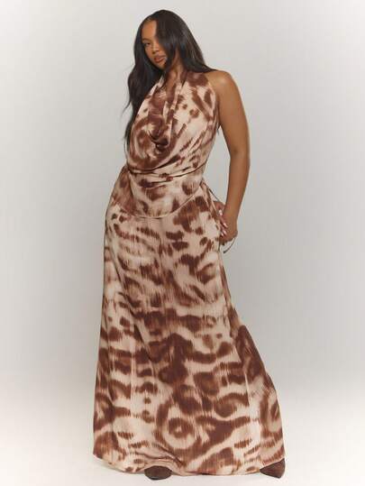 MUSERA Plus Leopard Print Chiffon Cowl Neck Sleeveless Halter Maxi Dress Party, Nigh Out, Elegant, , Autum, Winter. Elegant, Chic Carnival Vacation