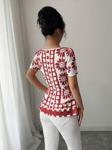Selianne 女士休闲荷叶边下摆印花方领短袖衬衫 - 棕色 - 查看 2