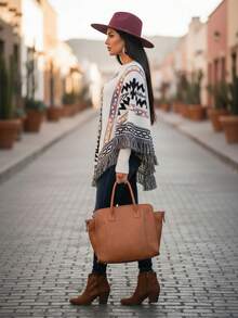 Mujer suéter casual con diseño geométrico tejido holgado cuello redondo manga larga otoño invierno uso diario - Blanco - Ver 3