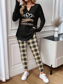 SHEIN LUNE 2pcs Women Autumn/Winter Comfortable Lounge Sleepwear Set - Long Sleeve V-Neck Loose Heart & Leopard Print T-Shirt And Plaid Tight Leggings