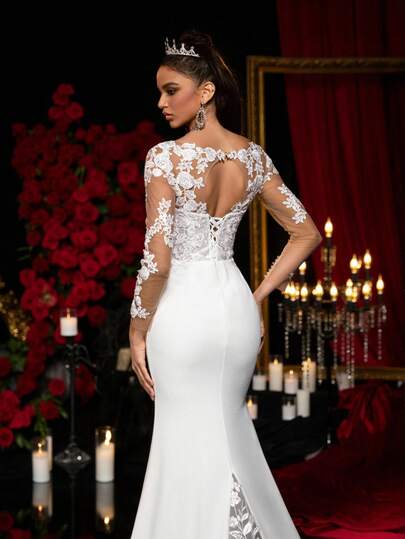Glamrae Elegant Luxurious Embroidered Sequin Lace Patchwork Long Sleeve Hand-Beaded Waist Mesh Sheer Fishtail Open Back Tie Hem Romantic Lace Asymmetrical Patchwork Extra Long Train Wedding Bridal Gown Bride