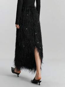 Ontre Women's Black Tassel Sparkly Special Fabric, A Must-Have Party Skirt For Parties And Banquets. Modern Urban Casual Fashion Business Casual Women's Office Wear Low-Key Old Money Style Effortless Temperament High-End Urban Commuting High-Quality Airport Women's Wear - Black - View 2