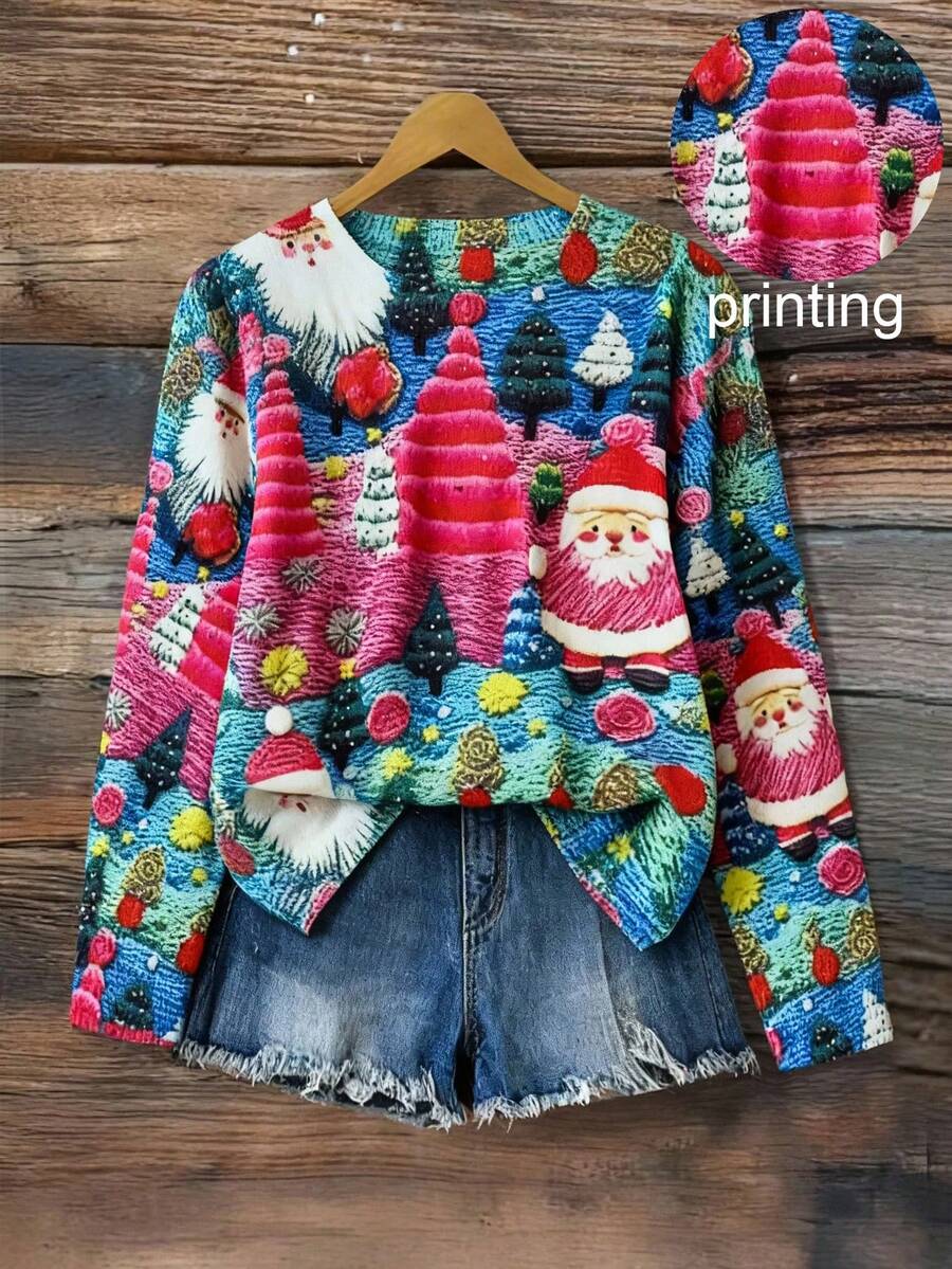 EMERY ROSE 圣诞老人和圣诞树图案加大码休闲复古数码印花刺绣针织套头毛衣 - 彩色 - 查看 1