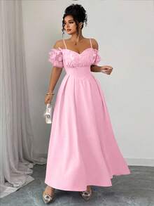 Elenzga 大码缀饰细肩带心形领口蝴蝶3D花朵收腰短袖A字连衣裙，紫色和薰衣草色，优雅法式风格 - 粉色 - 查看 5