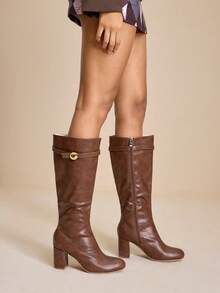 Daringsoles Casual Solid Color Side Zipper Chunky Heel Women Knee-High Boots - Brown - View 4