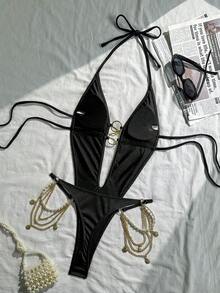 Swim SXY 女士新款性感纯色吊带V领镂空金属环露背吊带连体泳衣，春夏款 - 黑色 - 查看 6