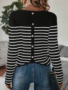 Chiquease 女士休闲条纹圆领毛衣，秋季 - 黑與白 - 查看 1