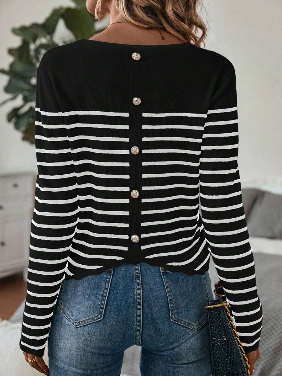 Chiquease 女士休闲条纹圆领毛衣，秋季 - 黑與白 - 查看 1