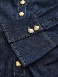 Maija Retro-Style Button-Down Pleated Slim-Fit Blue Denim Shirt For Women,Waist-Cinching Long-Sleeved Shirt - Dark Wash - View 7