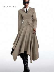 LYSMO SELECTION 2025 新款简约秋冬女装条纹修身腰部西装外套及铅笔裙套装，通勤风秋季穿搭，舒适秋冬女装 - 卡其色 - 查看 5