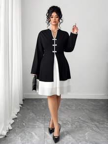 Elenzga Đầm chữ A dáng rộng ngắn xẻ tà thanh lịch, thiết kế nút kiểu Trung Hoa thủ công phía trước, viền bất đối xứng, màu sắc tương phản giản dị - Đen và trắng - Xem 7