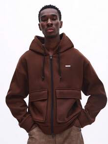 SUMWON Brown Full Zip Hoodie With Drawstring Hood Front Pockets Long Sleeve Casual Outerwear Fall Winter Plain - Brown - View 6