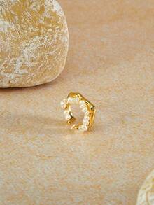 Opalesca 1 Pc Fashionable & Elegant Copper Material With Natural Freshwater Pearl Unique Design Women's Charm Open Ring, Suitable For Daily Wear,Outfits,Old Money,Wedding/Bridal Accessories,Western Jewelry,Fairycore/Fairy,Pearl,Fall/Autumn/Winter,Elegant - Multicolor - View 2