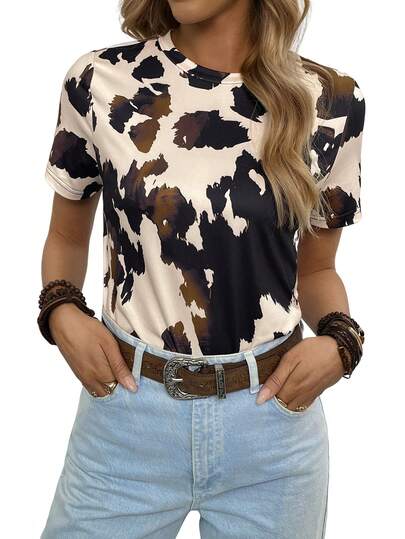 SHEIN PETITE Women's Retro Cow Print Casual Loose Fit Round Neck Short Sleeve T-Shirt
