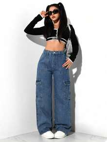 Pantalones rectos de mujer Mezclilla Pantalones cargos rectos gris sólidos, casuales y elegantes para mujer adecuados para uso diario, oficina, citas y vacaciones. - Azul - Ver 3