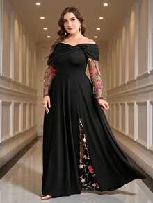 SHEIN Clasi Plus Size Women Floral Embroidery Mesh Patchwork Off Shoulder Elegant Black Autumn Formal Evening Wedding Dress,Glitter Sequin High-Slit Long Gown - Black - View 7