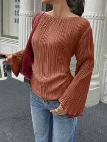 Elenzga 秋冬款宽圆领喇叭袖收腰褶皱衬衫 - 亮橙色 - 查看 3