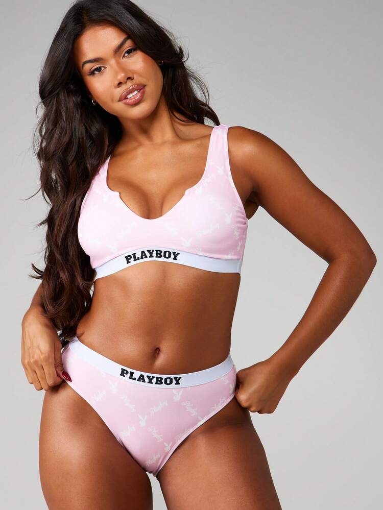 Missguided x Playboy Printed Sports Bra And Panty Set With Bunny Logo Elastic Band Design Cute Lounge Set