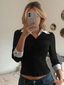 DAZY Women's Stylish Contrast Color 2 In 1 Button-Front Long Sleeve Fitted T-Shirt - Black - View 5