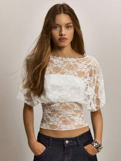 ATUI Studio Women's Solid Color Fashionable Lace Cropped Fitted Sexy Sheer Blouse