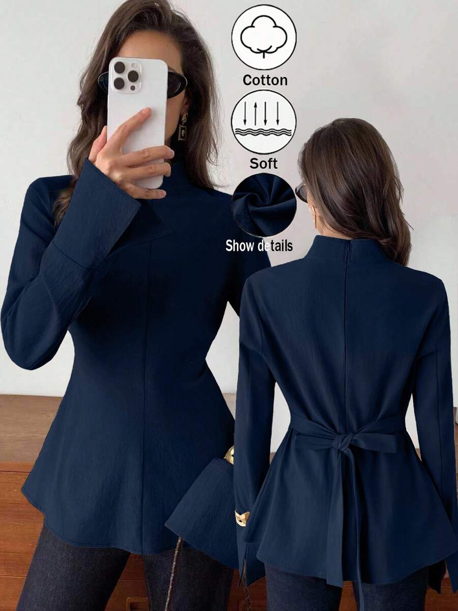 Elyressa 一位女士织造的休闲优雅秋季衬衫 - 藏蓝色 - 查看 1