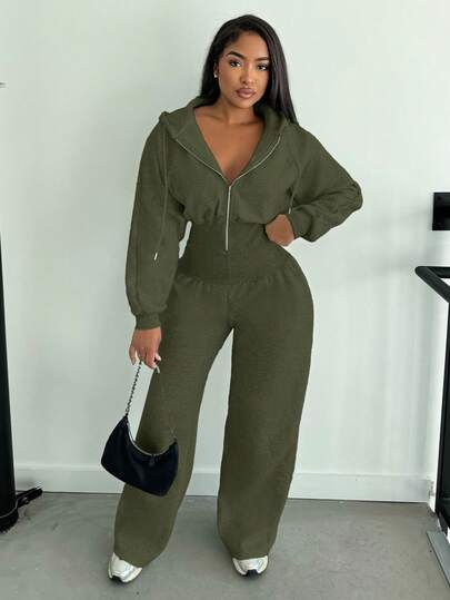 Alexandranx Hooded Zip Through Jumpsuit Cinched Waist Relaxed Lounge Casual Capsule Wardrobe Basic Everyday Business Office Work Back To School Autumn Winter Fall Airport Fit