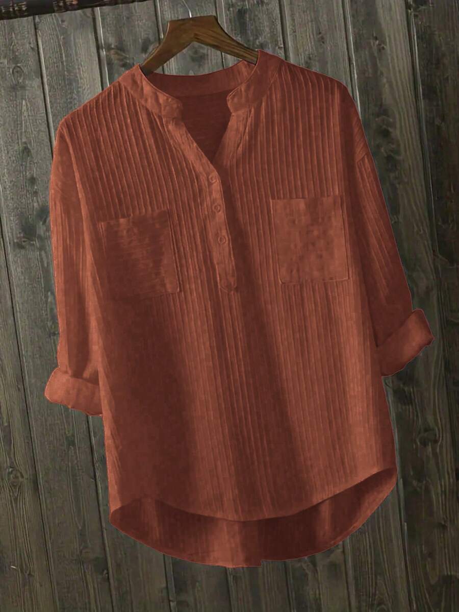 SHEIN LUNE 女士纯色翻领口袋休闲卷袖衬衫 - 鏽棕色 - 查看 1