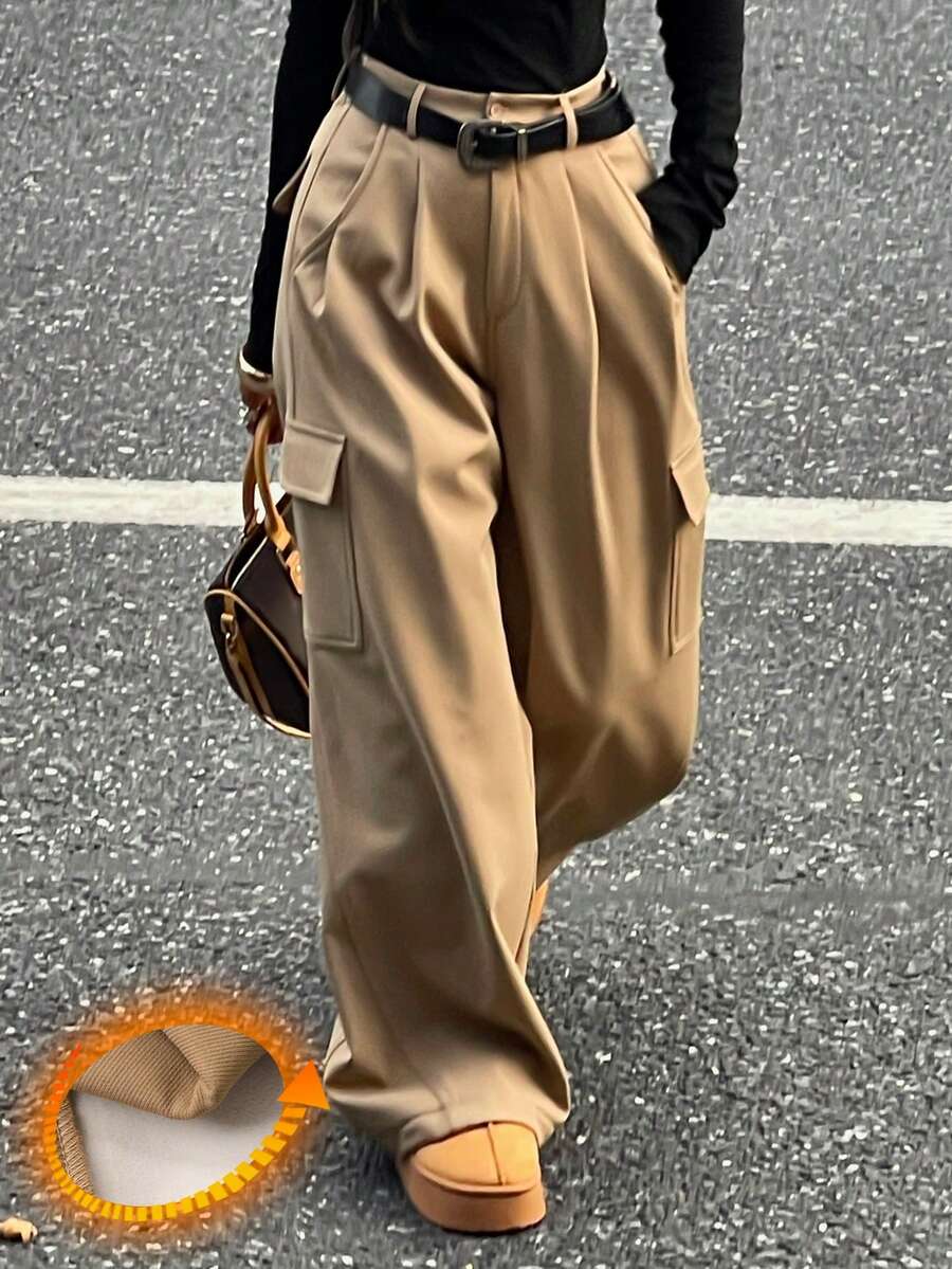 DAZY 保暖内衬纯色宽松工装裤，带分口袋，适合秋冬女士休闲街头风格 - 卡其色 - 查看 1