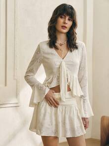 INAWLY 2pcs Casual Elegant Solid Color Jacquard Flare Sleeve Top And Skirt Set - Apricot - View 3
