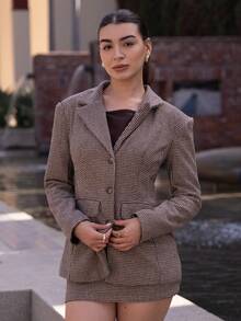 Andrea Bello Retro Chic Commuting Brown Plaid Suit Set - Cinched Waist Blazer Jacket + Low Waist Skirt 2 Pieces Set (Including Shoulder Pads) In Fall/Winter - Multicolor - View 1