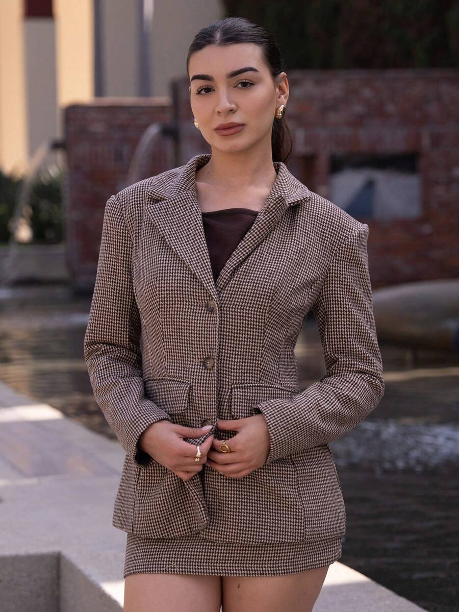 Andrea Bello Retro Chic Commuting Brown Plaid Suit Set - Cinched Waist Blazer Jacket + Low Waist Skirt 2 Pieces Set (Including Shoulder Pads) In Fall/Winter - Multicolor - View 1