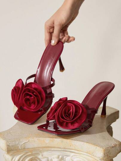 CUCCOO CHICEST 2pcs Rose Decor Strappy Square Toe Stiletto Heel Elegant Romantic Sweet Wine Red Women's High Heel Sandals, Suitable For Dates, Afternoon Tea, Gatherings, Party, Valentine's Day, Evening Banquet, Wedding, Formal Dress Spring Shoes Spring Break Easter For Christmas Elegant Shoes Wedding Shoes