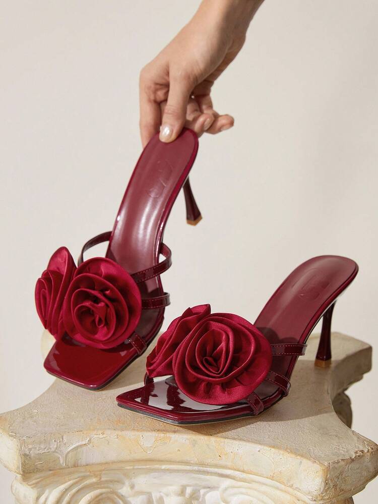 CUCCOO CHICEST 2pcs Rose Decor Strappy Square Toe Stiletto Heel Elegant Romantic Sweet Wine Red Women's High Heel Sandals, Suitable For Dates, Afternoon Tea, Gatherings, Party, Valentine's Day, Evening Banquet, Wedding, Formal Dress Summer Shoes Summer Break Easter For Christmas Elegant Shoes Wedding Shoes Summer Shoes Bride Shoes
