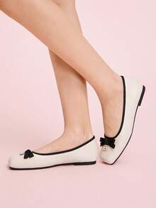 CUCCOO DOLLMOD Women's Square Toe Flat Shoes With Letter Rhinestone Bow, Comfortable Ladies Shoes - Apricot - View 4