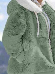 INAWLY Plus Size Solid Color Splice Long Sleeve Front Zipper Hooded Casual Jacket, Winter Fall Autumn - Mint Green - View 3