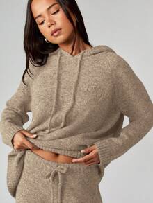 MISSGUIDED Oversized Knit Hoodie With Drawstring Long Sleeve Pullover Sweater For Fall Winter Cozy Loungewear - Camel - View 5