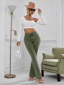Selenza Quần jeans ống loe ôm, gấu rách giặt thường ngày - xanh quân đội - Xem 5