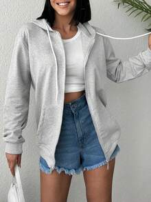 EURMUSE Sudadera con capucha de algodón 100% para mujer de talla grande, unicolor, casual, con cremallera, hombros caídos y cordón ajustable - Gris - Ver 7