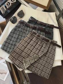 Franclia Women's Brown Plaid Pleated A-Line Mini Skirt With Belt,Elegant Autumn Preppy Style,Back-To-School Office Wear,Versatile Casual Business Attire - Brown - View 4